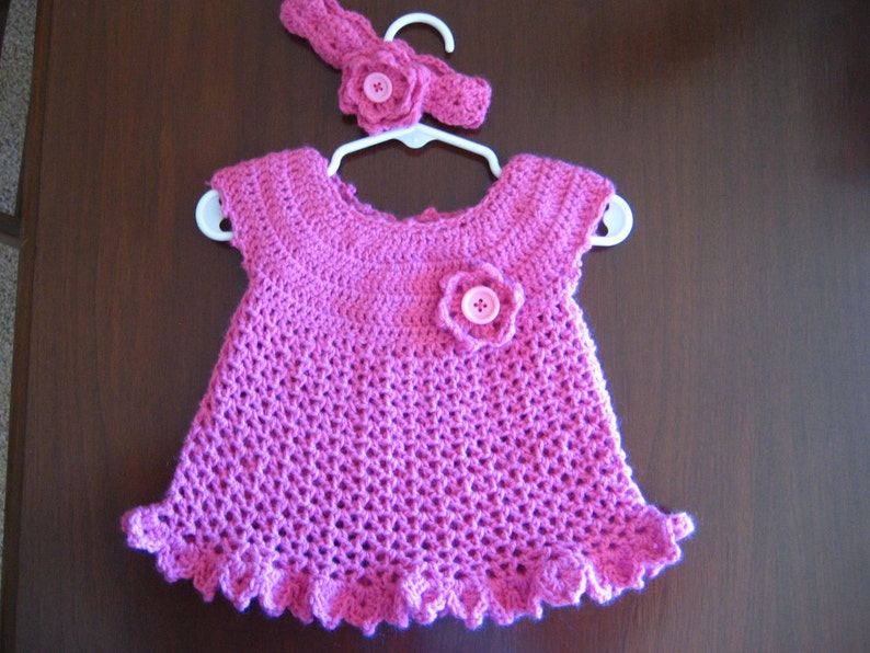 hand crocheted pink baby girl dress and headband size 3 to 6 months