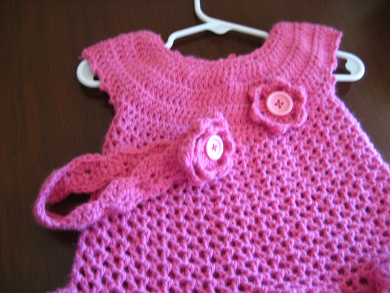 hand crocheted pink baby girl dress and headband size 3 to 6 months
