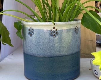 Maceta de flores azul y blanca