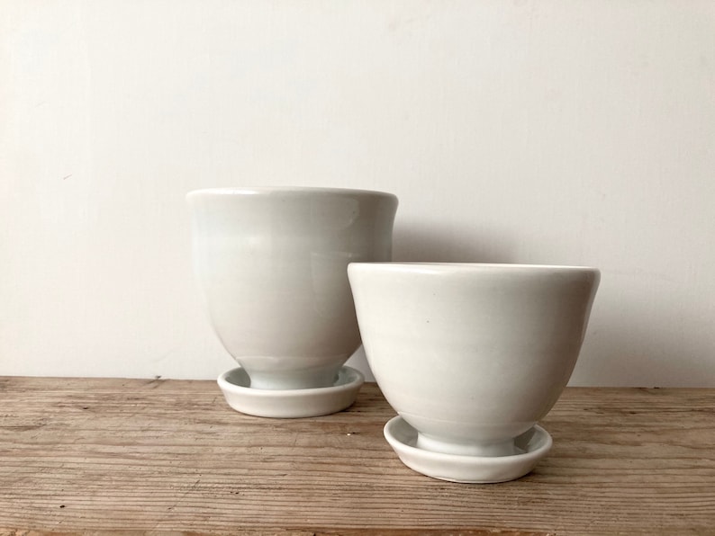 White Ceramic Planter with Attached Saucer