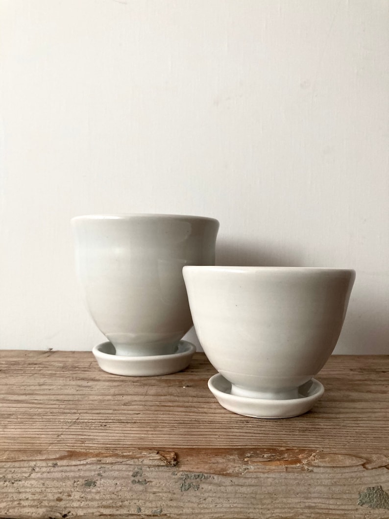 White Ceramic Planter with Attached Saucer