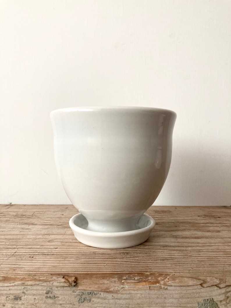 White Ceramic Planter with Attached Saucer