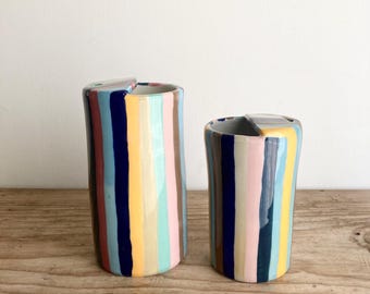 Rainbow striped ceramic travel cup - To go coffee mug