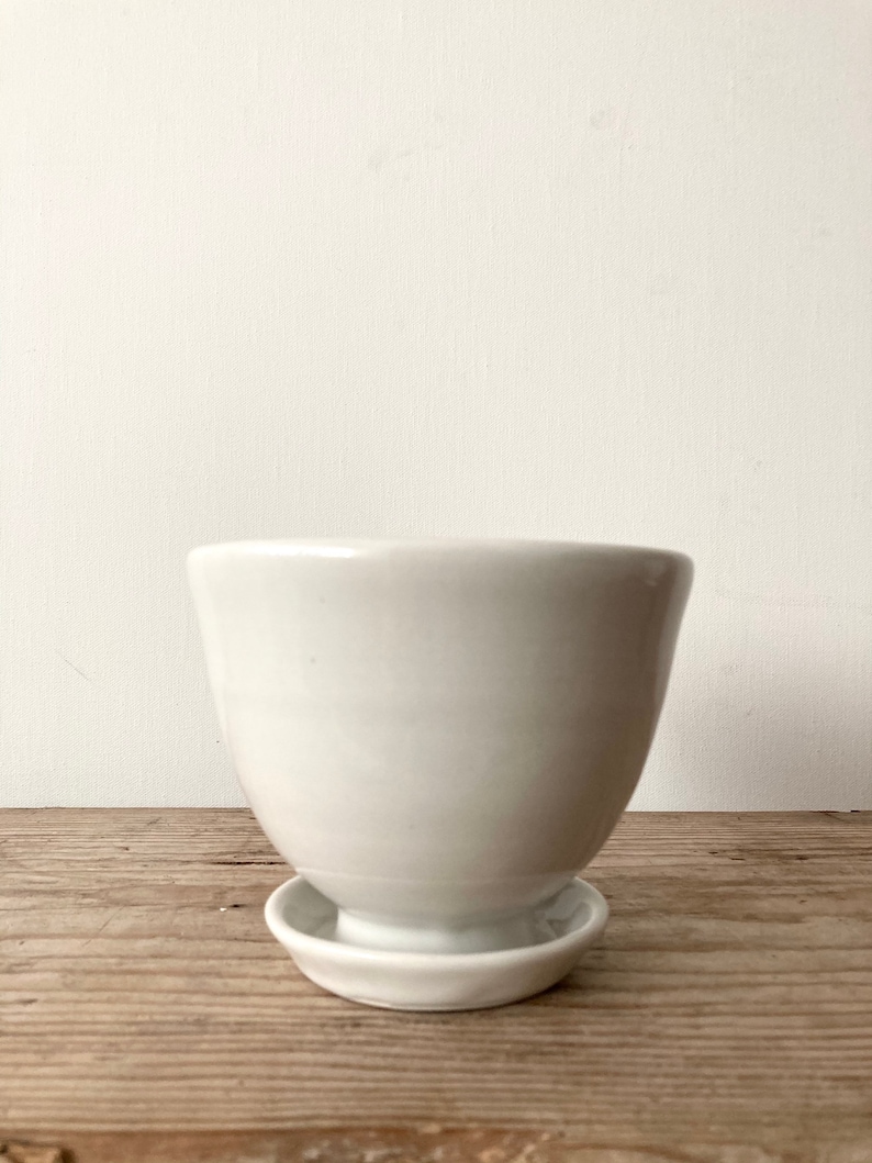White Ceramic Planter with Attached Saucer