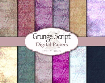 Grunge Script Vintage Style Digital Paper Scrapbook Paper, Commercial Use, 300dpi JPG Images, Backgrounds - WH004