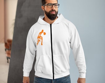 May include: White zip-up hoodie with an orange basketball player silhouette and the text "You Drive Me" on the front.