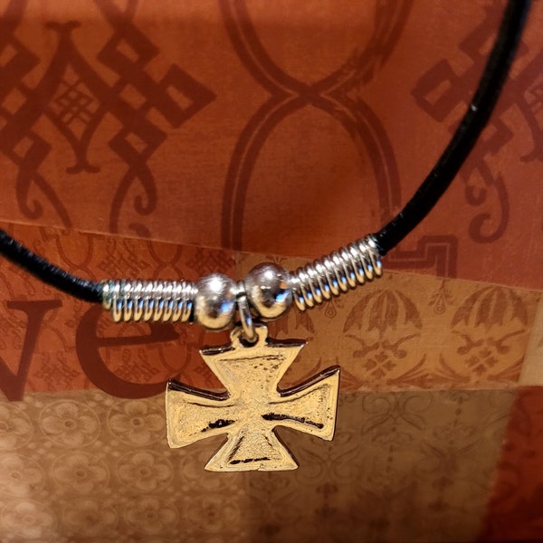 Unisex Leather Necklace With Silver Iron Cross Maltese Cross Pendant 20 inches Long 3/4 inch Pendant