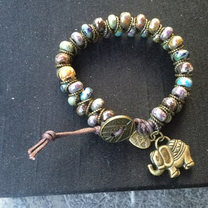 Goddess Beaded Brass Ring Bracelet With Picasso Glass Beads Brass Button And Metal Elephant Accent