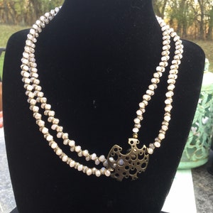 Beige Crystal Goddess Necklace with Brass Gear Focal Also Doubles As A Multi-wrap Goddess Bracelet With Brass Gear Focal 2-In-1 Jewelry