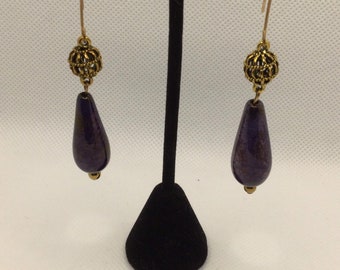 Gemstone Lapis Pyrite Brass Earrings with Gold Fish Hook Ear Wires