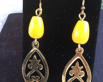 Gold Brass African Resin Amber One of a Kind Vintage Earrings with Gold Ear Wires