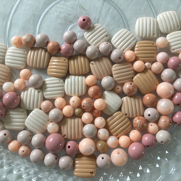 Beige Tan Mauve Peach Mix Lot of Large and Medium Round and Other Shaped Beads Includes Over 60 Beads for Jewelry Making 4.2 oz Bag