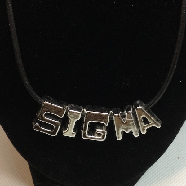 Sigma Necklace Silver Letters on Black Leather Cord Lobster Clasp