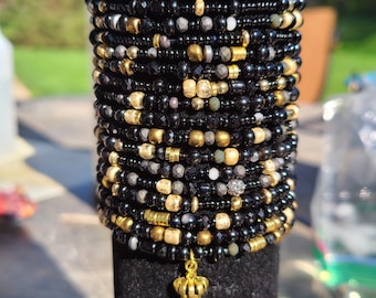 Multiple Wrap Long Seed Bead Stretch Bracelet Hematite and Gold With Gold Crown Charm