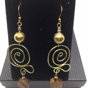 Tiger Eye Gemstone Gold Plated Lava Bead Swarovski Crystal Glass Beads 14k Gold-Filled Wire Swirl Earrings with Fish Hook Ear Wires
