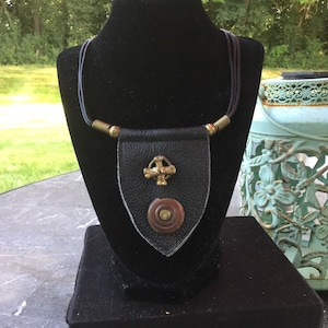 Multi-Strand Black Leather Amulet Vintage Necklace Brass Cross Horn 27 Inches Long