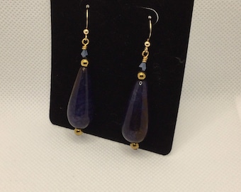 Gemstone Lapis Pyrite and Swarovski Crystal Brass Earrings with Gold Fish Hook Ear Wires