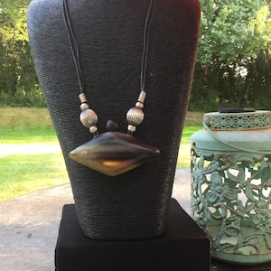 Unisex Vintage African Large Horn Container with Removable Wooden Top and Silver Beads on Leather Necklace