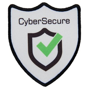 May include: White shield-shaped patch with black border and a black shield with a green checkmark inside. The text "CyberSecure" is printed in black at the top.
