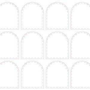 May include: A printable sheet with 15 arched blank spaces for adding designs. The text "Your Design Here" is at the top of the sheet. The text "Use step & repeat with 3.75" offset for X & 3.125" offset for Y to place design in all other places." is below the title.