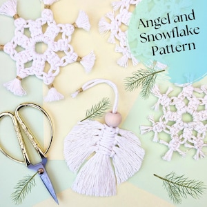 May include: White macrame angel and snowflake ornaments with gold accents. The angel ornament has a wooden bead at the top. The snowflakes have a circular shape. The image also includes a pair of gold scissors and sprigs of greenery.