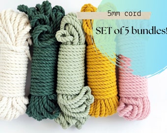 SET of 5 Cotton Cord Bundles for Crafts, 5mm macrame rope, 3-ply 3 Strand, Fiber Art cord, Bulk Macrame String, Cotton Yarn for Wall Hanging