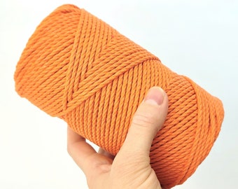 3/4mm Carrot Orange Macrame Cotton Cord, 3 strand (3-ply) Macrame Rope, Macrame string, Cotton Rope for Crafts and Weaving, Twisted Cotton
