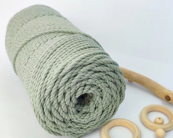 Cordon en coton VERT SAUGE, 3 brins (3 épaisseurs), corde en macramé, ficelle en macramé, corde en coton, corde en coton torsadée, cordon, vert forêt, mousse 3 mm 4 mm