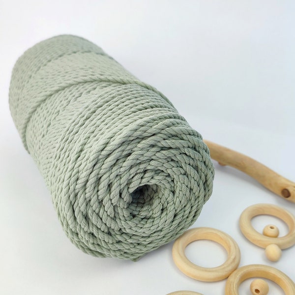 Cordon en coton VERT SAUGE, 3 brins (3 épaisseurs), corde en macramé, ficelle en macramé, corde en coton, corde en coton torsadée, cordon, vert forêt, mousse 3 mm 4 mm