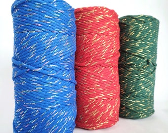 3mm Single Strand SPARKLY Macrame Cord, Green Gold Cotton Rope, Red Golden Cord Bundles, Weaving String, Blue Macrame Single Twist Cord