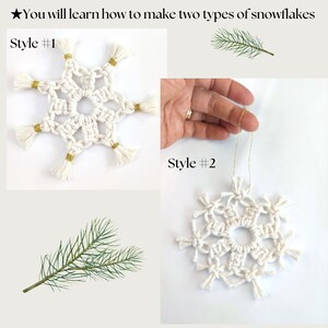 May include: Two styles of white macrame snowflakes with gold accents. The first snowflake has tassels and the second snowflake has a loop for hanging.
