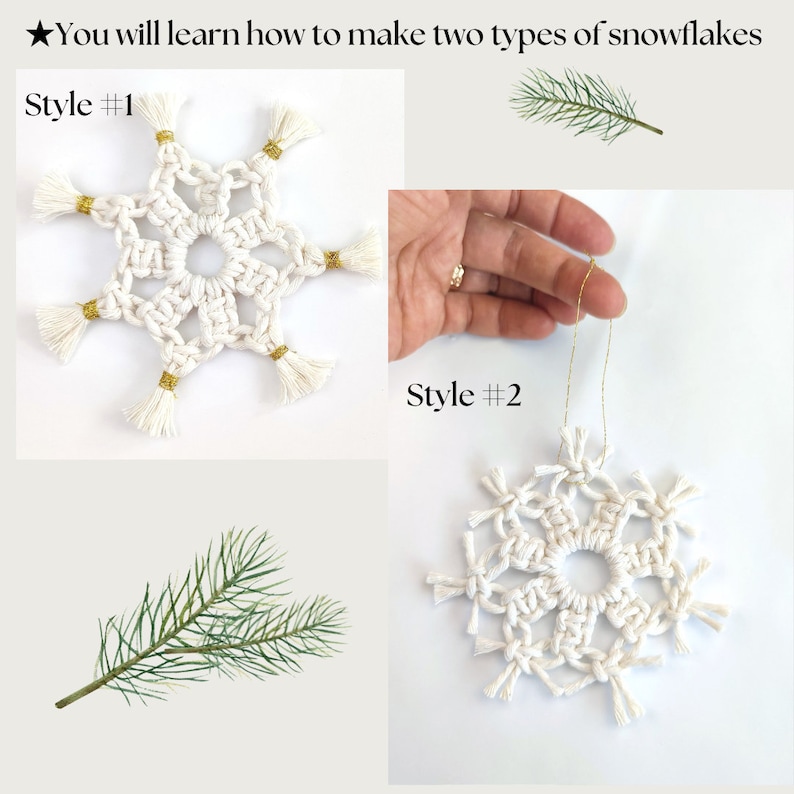 May include: Two styles of white macrame snowflakes with gold accents. The first snowflake has tassels and the second snowflake has a loop for hanging.