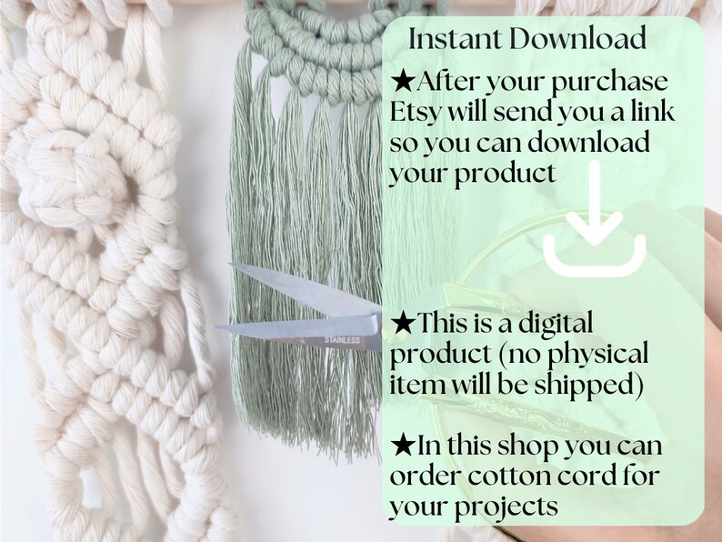 Puede incluir: Una descarga digital de un patr&oacute;n de tapiz de macram&eacute;. La imagen muestra un primer plano de un tapiz de macram&eacute; parcialmente terminado con un par de tijeras y un cuadro de texto con instrucciones para descargar el patr&oacute;n. El cuadro de texto dice "Descarga instant&aacute;nea" y "Despu&eacute;s de su compra, Etsy le enviar&aacute; un enlace para que pueda descargar su producto".