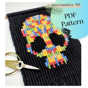 Scull-patroon macramé, pdf-tutorial, halloweendecor, digitale halloween-instructies voor beginners, eenvoudige macramé-pixel DIY-handleiding