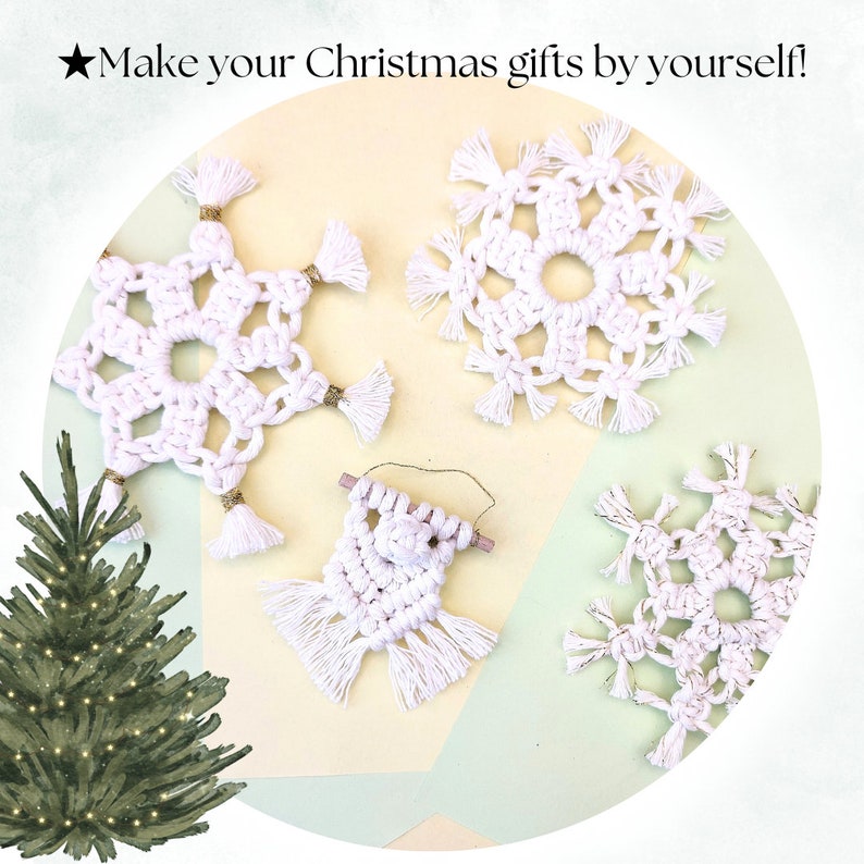 May include: White macrame snowflake decorations with gold detailing and tassels, displayed on a pale yellow and green backdrop. The text "Make your Christmas gifts by yourself!" is at the top. A watercolour Christmas tree is in the corner.