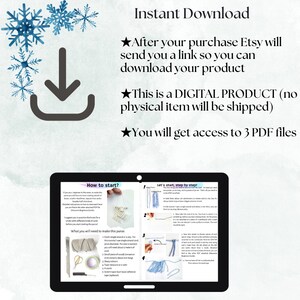 May include: An Etsy listing image with the words "Instant Download" and instructions for downloading a digital product. The image includes a tablet displaying step-by-step instructions for a macrame purse project, with a list of required materials.
