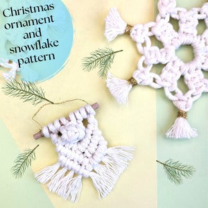 May include: White macrame Christmas ornaments and a snowflake pattern. One ornament is rectangular with a floral design, the other is a large snowflake. Both have gold accents and are displayed with evergreen sprigs. Text reads "Christmas ornament and snowflake pattern."