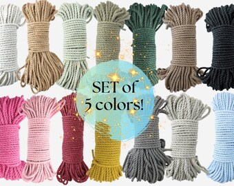 Macrame cord pack, 5 colors SET, 3/4 mm twisted cord, 3 strand cotton rope bundles, Fiber pack for crafts, Soft string for wall hanging