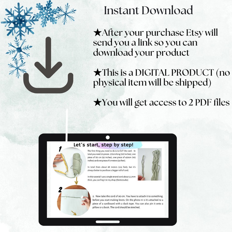 May include: A digital download for a macrame wall hanging craft project. The image shows a tablet screen with instructions on how to cut and prepare the cord for the project. The text on the screen says "Let's start, step by step!" and includes instructions for cutting the cord and attaching it to a surface.