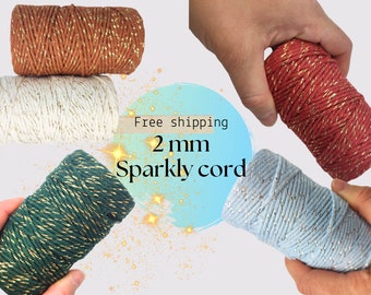 2mm Single Strand SPARKLY Macrame Cord, Green Gold Cotton Rope, Red Golden Cord Bundles, Christmas String, Blue Macrame Single Twist Cord