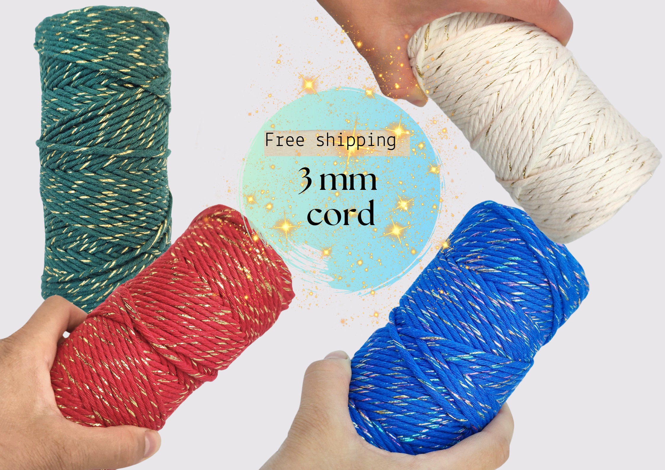 3mm Single Strand SPARKLY Macrame Cord, Green Gold Cotton Rope, Red Golden Cord Bundles, Sparkling, Blue Macrame Single Twist Cord