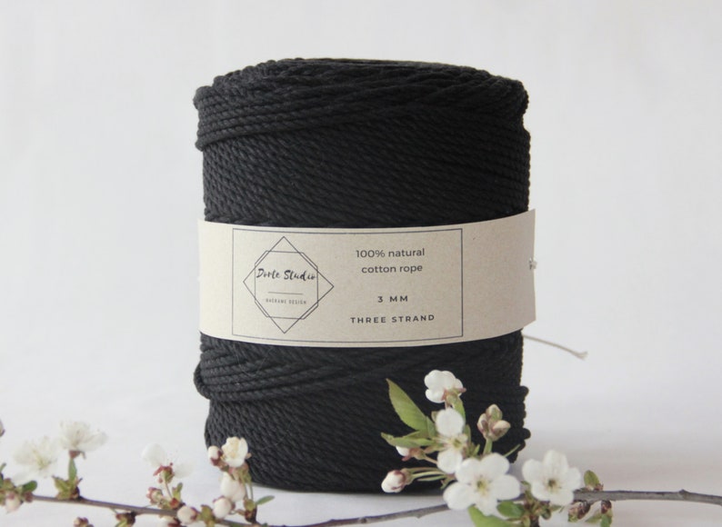3 strand Macrame Rope Cordon 3-ply 3mm Twisted Cotton Rope String Macrame Yarn BLACK Cotton Cord Cotton Rope Macrame Twine