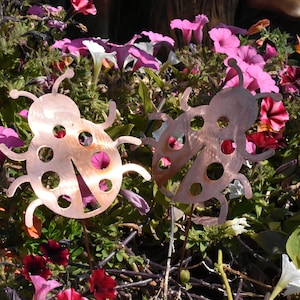 May include: Two copper-colored metal ladybugs with black spots are placed in a flower pot filled with pink and white flowers.