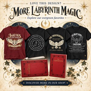 May include: A collection of four t-shirts and two books featuring Labyrinth-themed graphics. The shirts include designs with owls and text like Jareth's Little Goblins and Goblin King Childcare. The red books are titled The Labyrinth.