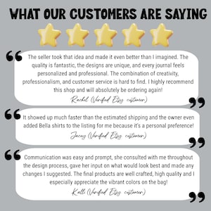 May include: A gray graphic featuring the text WHAT OUR CUSTOMERS ARE SAYING above five yellow stars. Three white speech bubbles contain customer reviews with quotation marks, including testimonials from Rachel, Jacey, and Kalli, all verified Etsy customers.