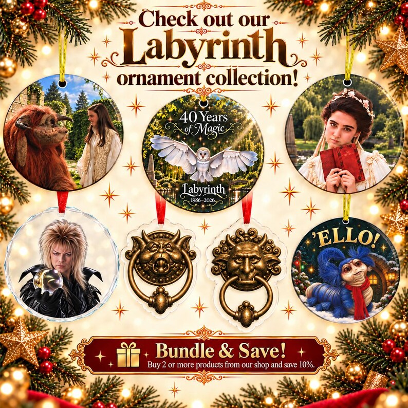 May include: A collection of round Labyrinth themed ornaments featuring characters and scenes from the film, including Jareth with a crystal ball, a barn owl, a worm with a red scarf, and bronze door knockers, all displayed with festive holiday decor.