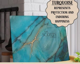 May include: A rectangular cutting board with a turquoise and gold marble pattern. The text reads: TURQUOISE REPRESENTS PROTECTION AND ENDURING HAPPINESS, THE SCOTTS 11 YEARS, and PERFECT 11TH ANNIVERSARY GIFT (MODERN ALTERNATIVE TO TRADITIONAL STEEL).