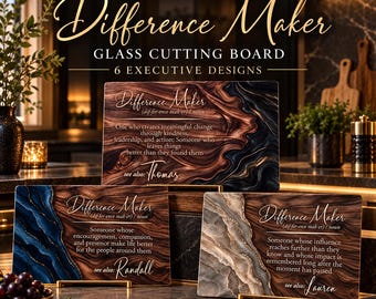 May include: Three rectangular glass cutting boards featuring swirling marble-like patterns in blue, brown, and grey. Each board displays the text Difference Maker, a dictionary-style definition, and a personalized name: Thomas, Randall, or Lauren.
