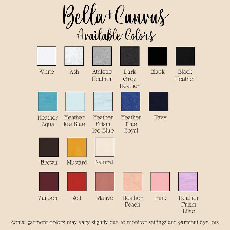 May include: A Bella+Canvas color chart displaying twenty-one square swatches with labels including White, Ash, Athletic Heather, Dark Grey Heather, Black, Black Heather, Heather Aqua, Heather Ice Blue, Heather Prism Ice Blue, Heather True Royal, Navy, Brown, Mustard, Natural, Maroon, Red, Mauve, Heather Peach, Pink, and Heather Prism Lilac.