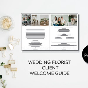 Pode incluir: Um guia de boas-vindas para clientes de um florista de casamento, com seis páginas com imagens de arranjos florais e a equipe de floristas. O guia é intitulado "Wedding Florist Client Welcome Guide".